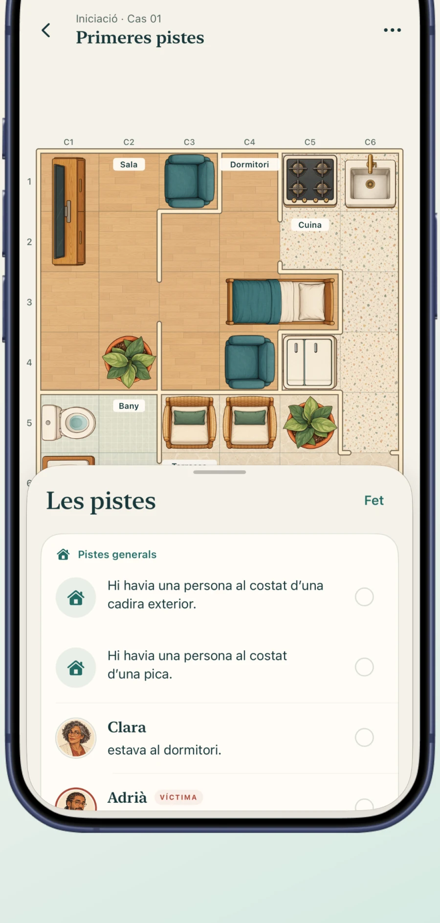 Panell de pistes i sospitosos de Roomotive